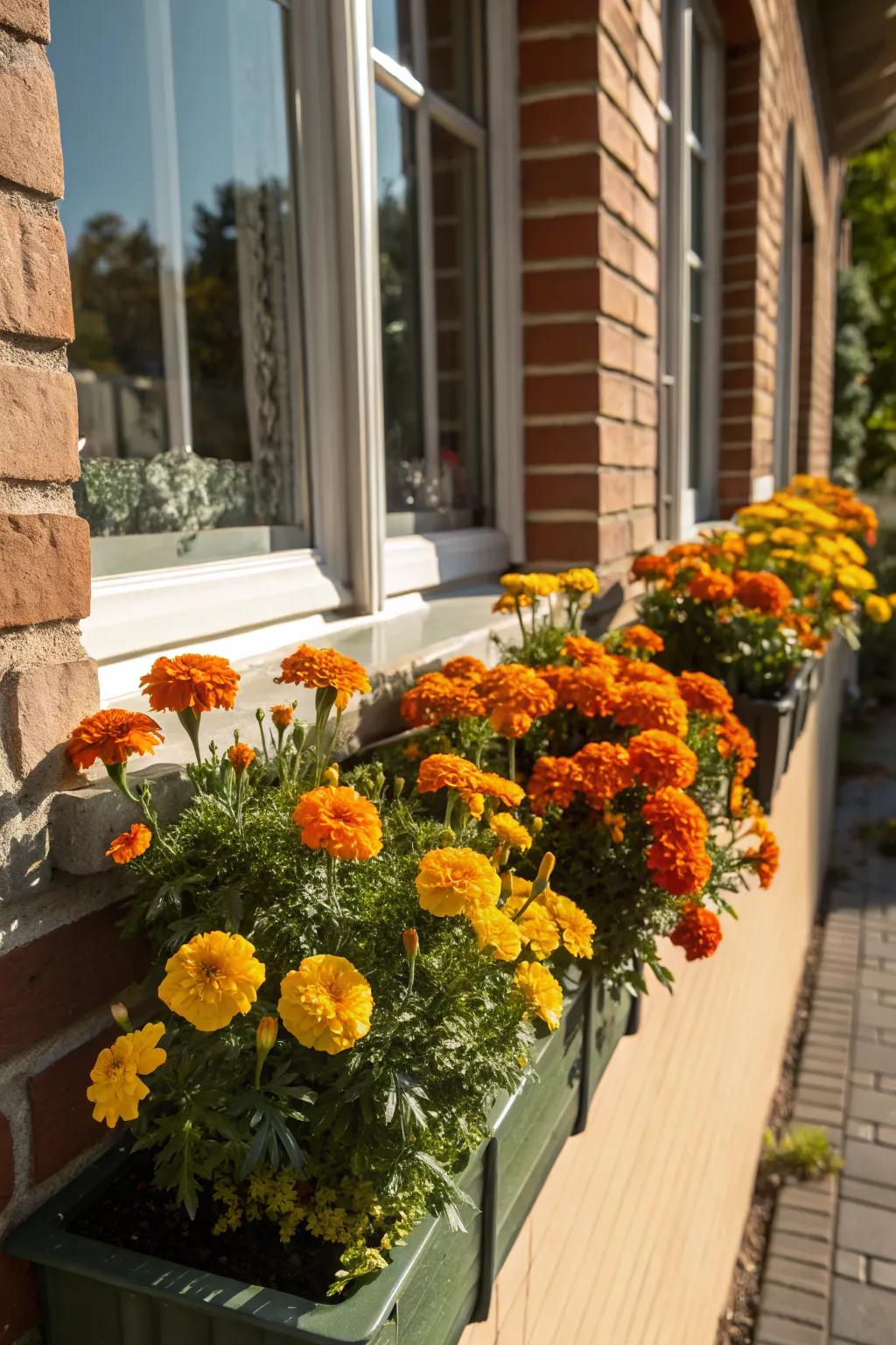 Window boxes bursting with marigolds