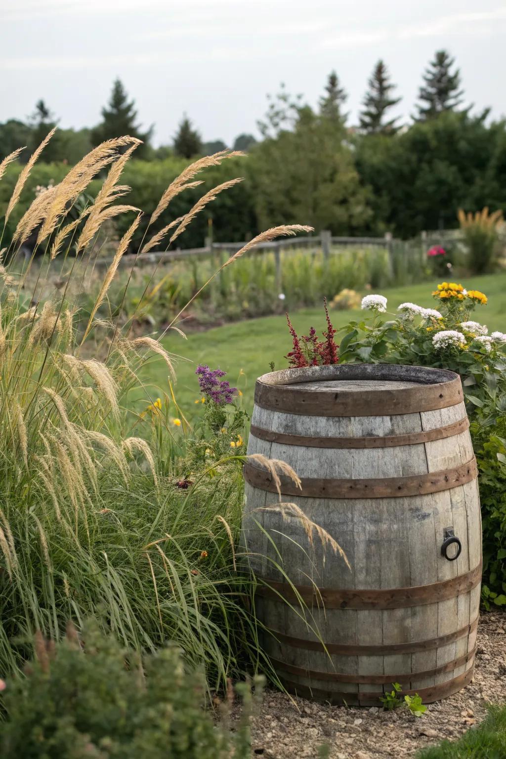 Ornamental grasses adding charm to a whiskey barrel.