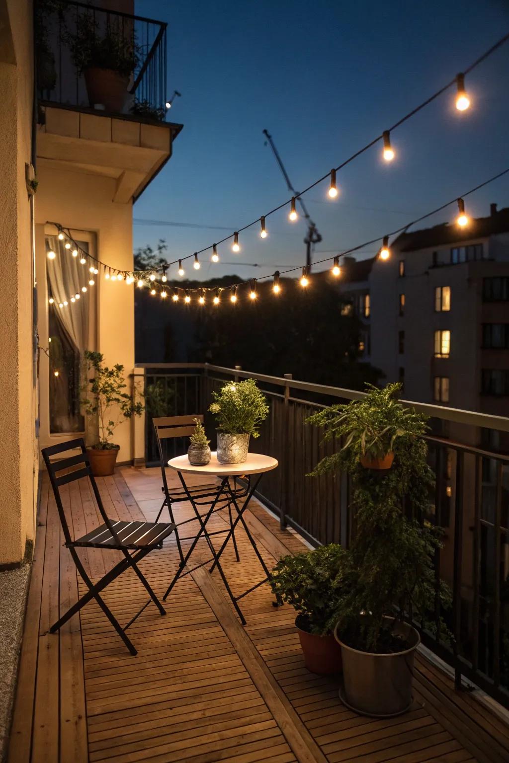 String lights create a warm, inviting atmosphere on a small balcony.
