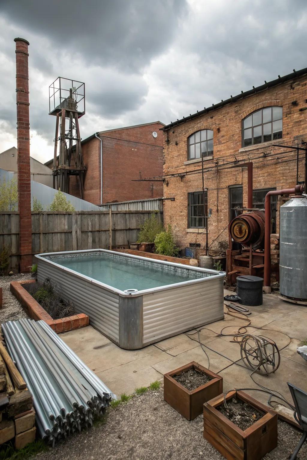 An industrial-style galvanized pool with edgy decor.