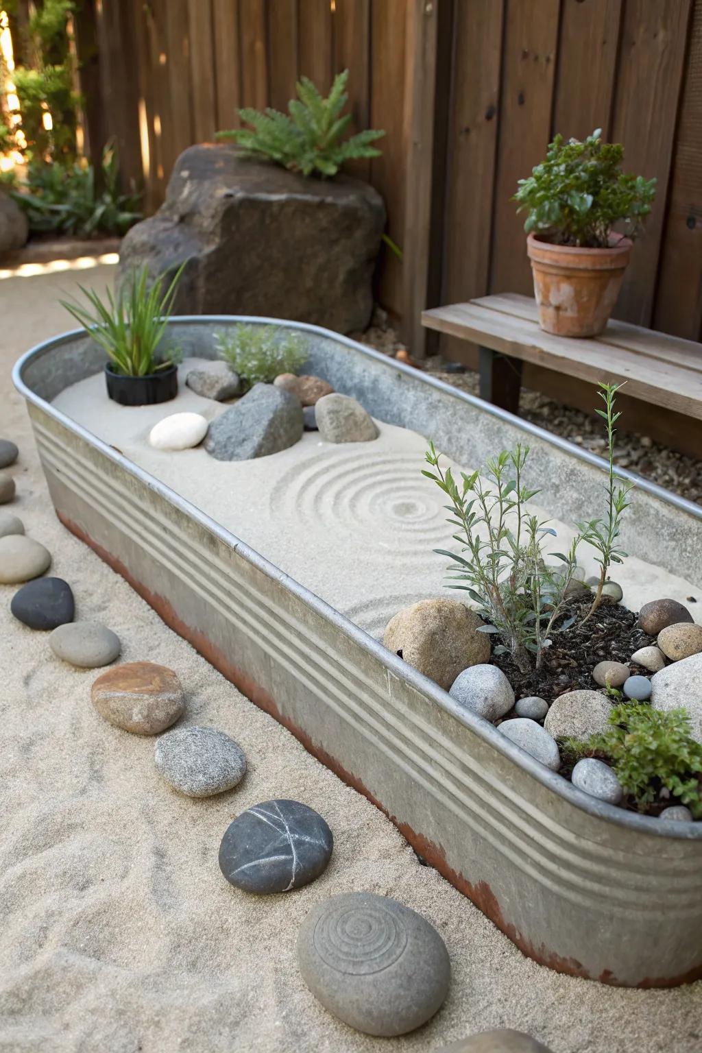 A tranquil zen garden in a galvanized trough, perfect for meditation.