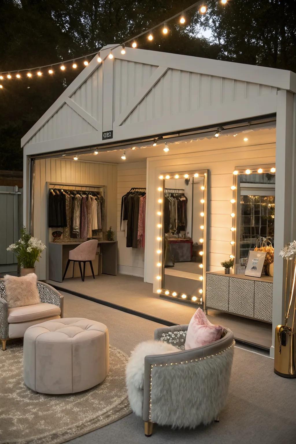 A glamorous dressing room in a garage shed.