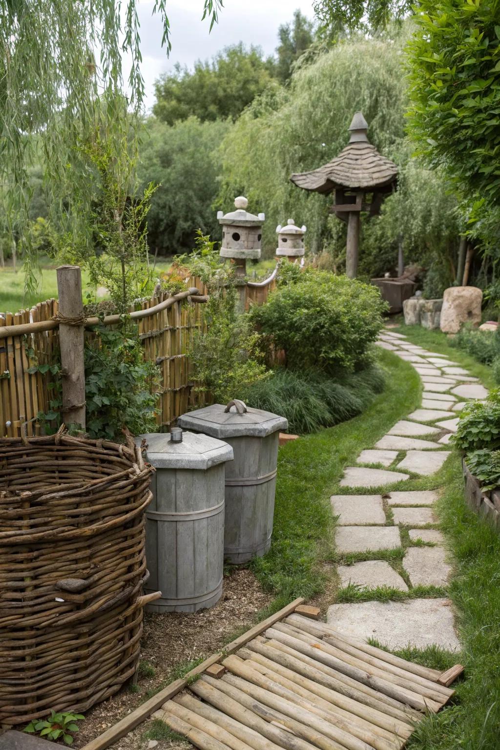 Willow fencing adds a rustic, natural touch while hiding trash bins.