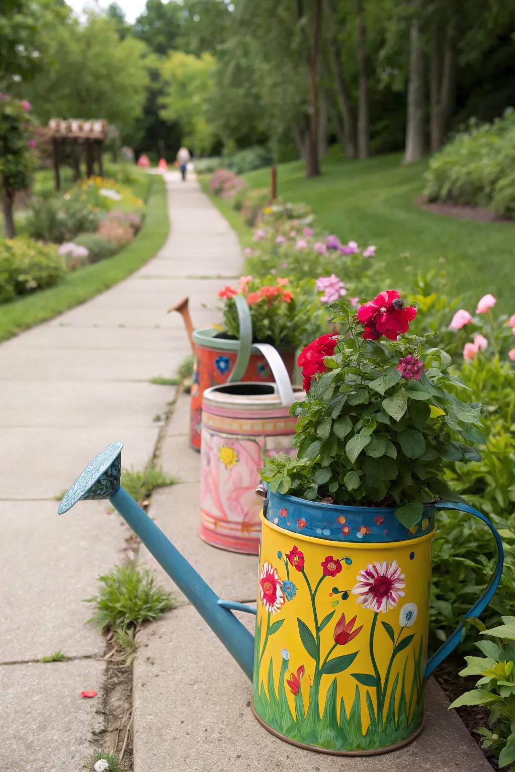 Add whimsy with decorative watering cans.