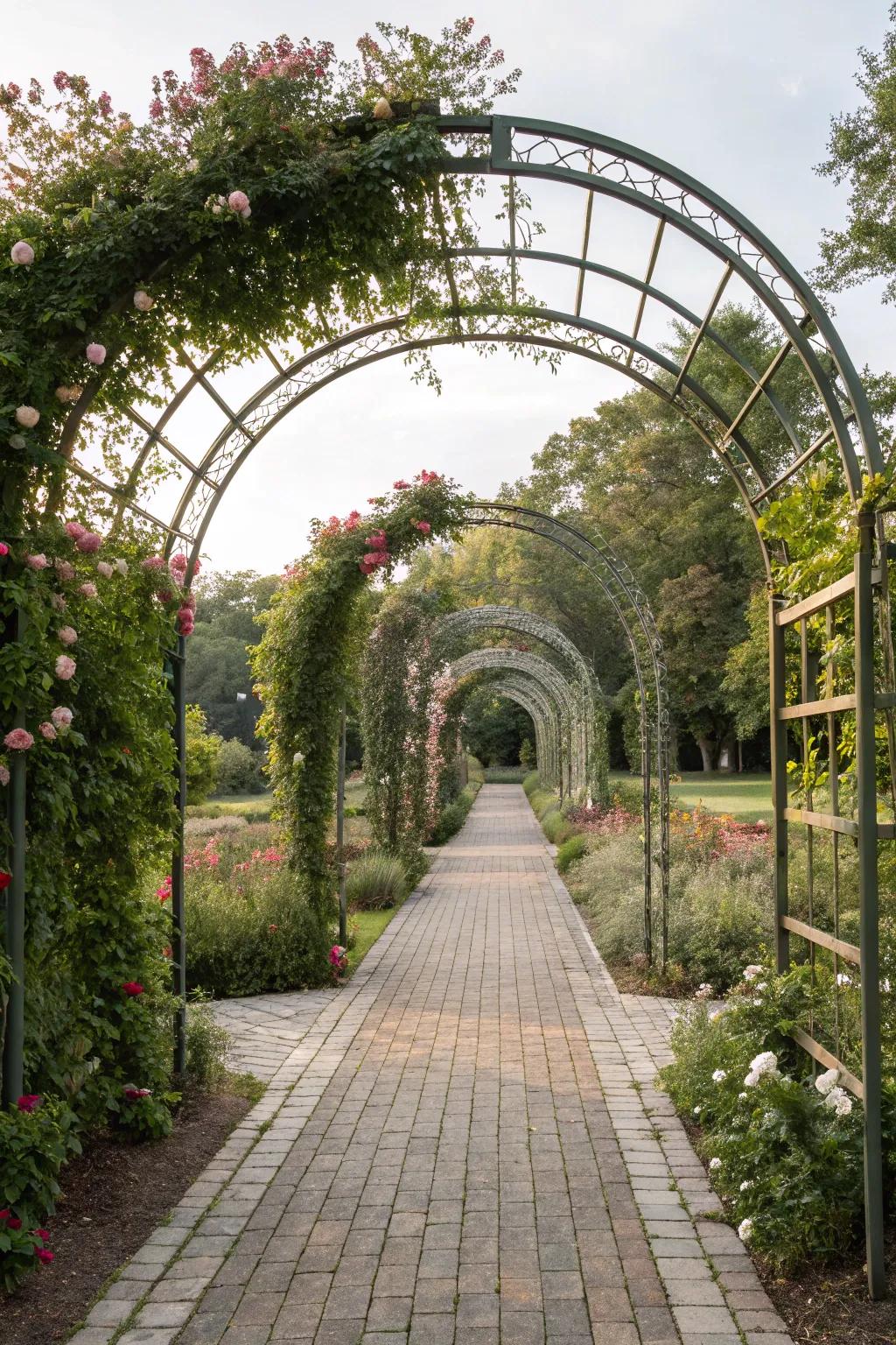 Mirrored garden arches creating a symmetrical garden path.