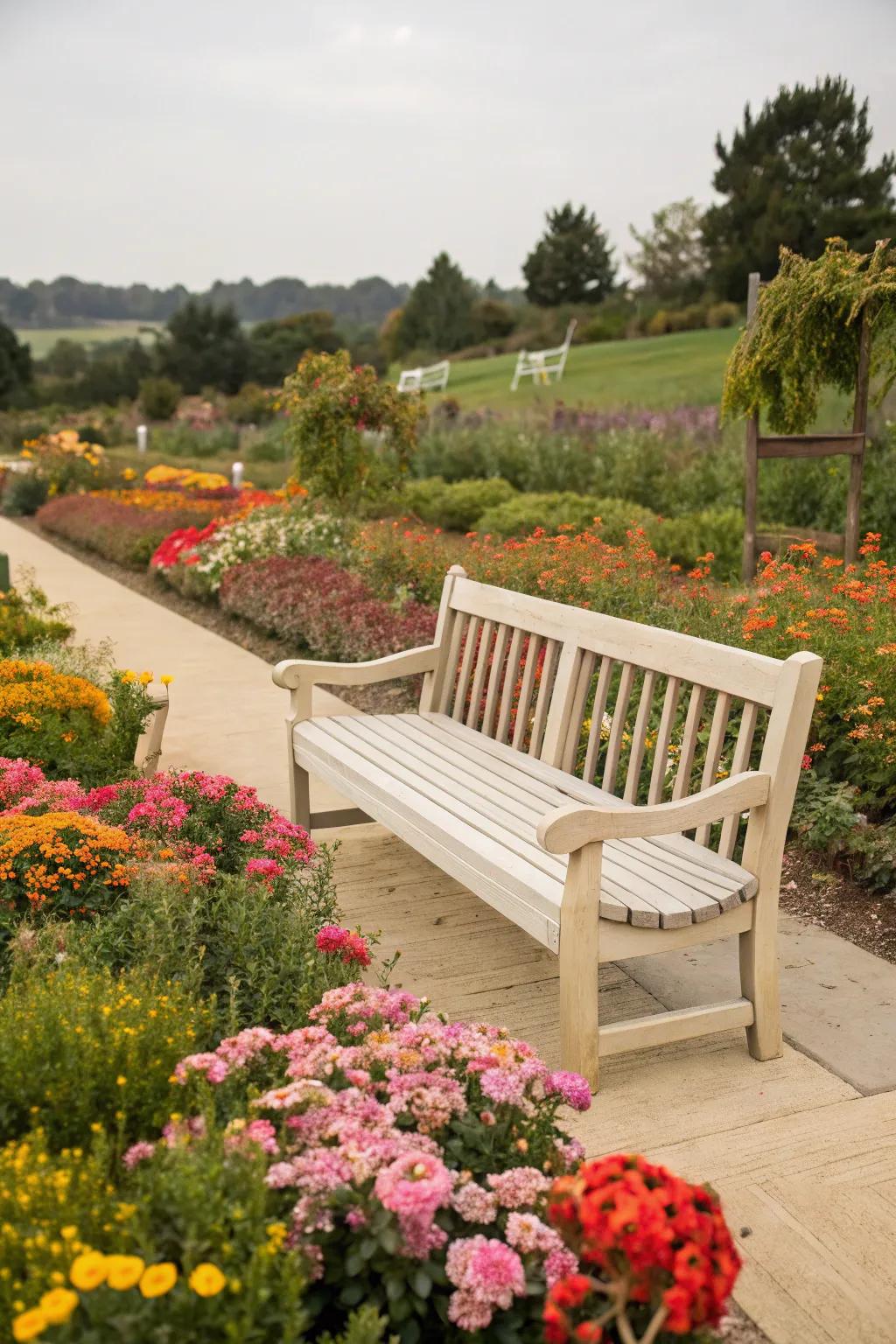 A beige bench provides an understated elegance in the garden.