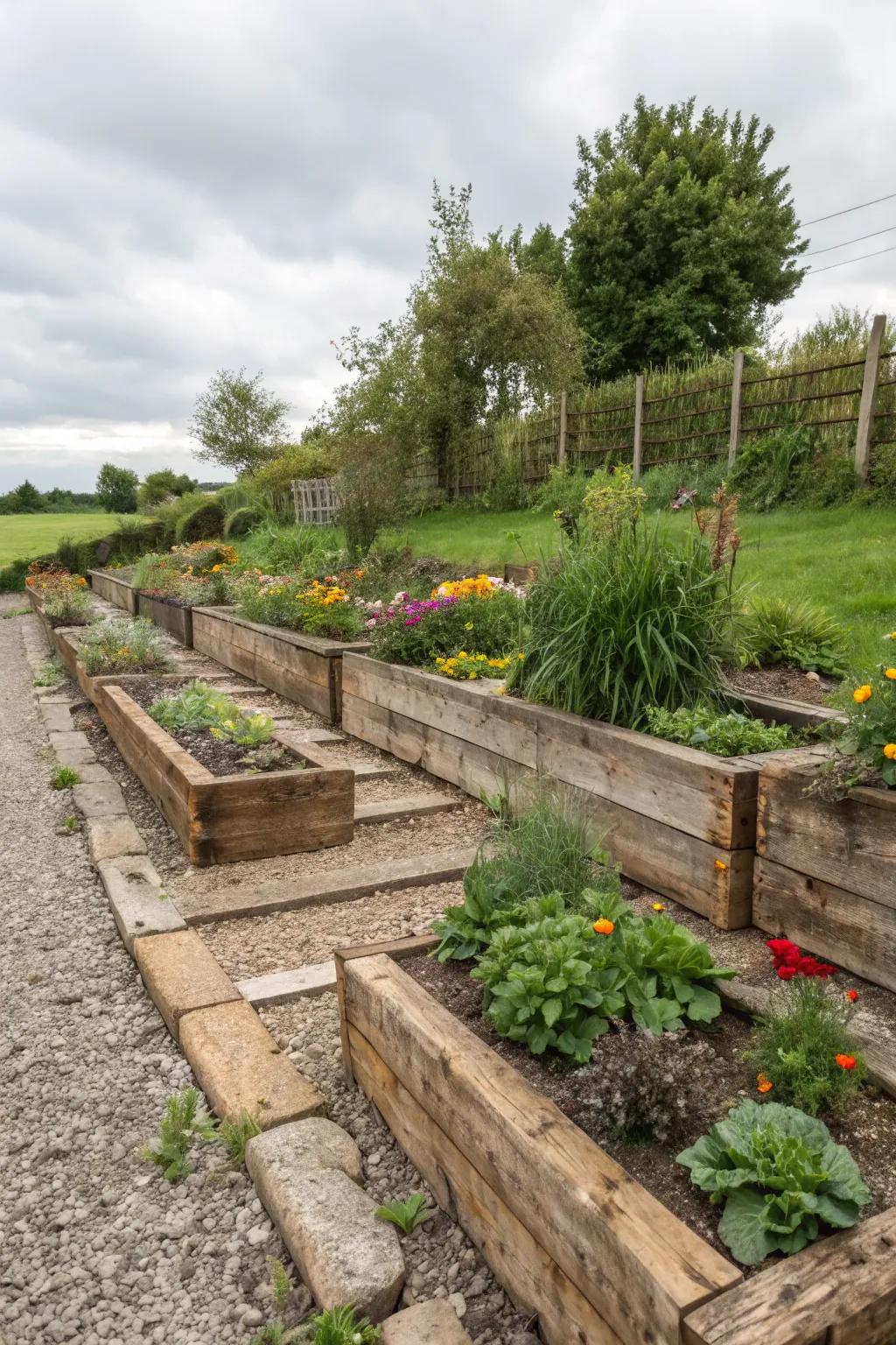 Railway sleepers provide a rustic and robust garden border.