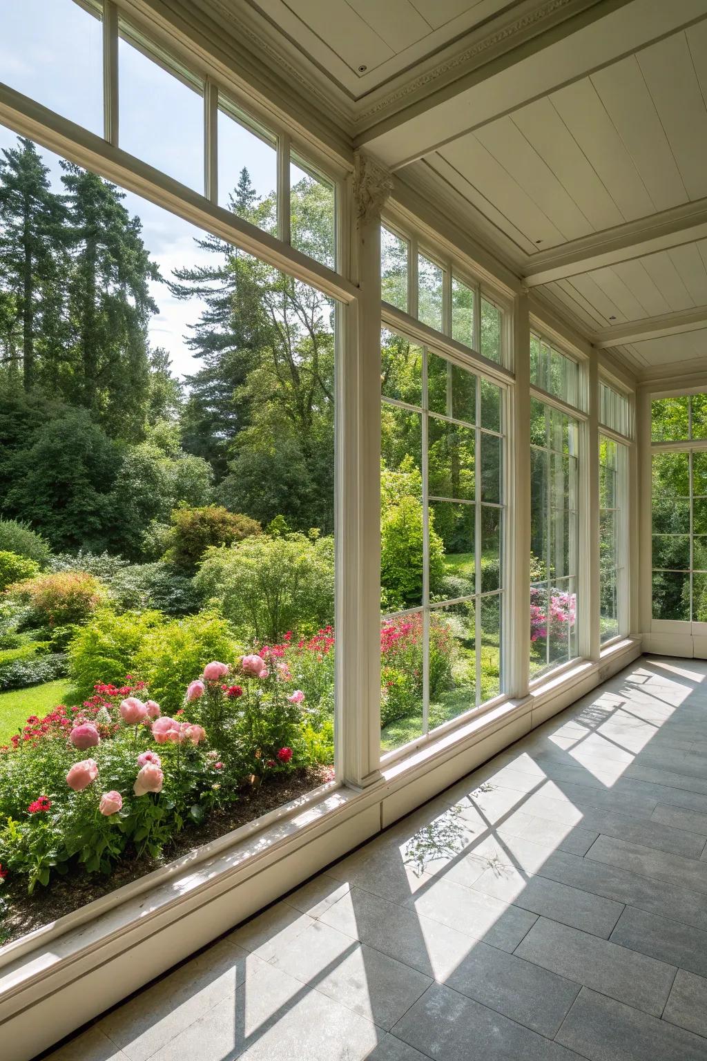 A garden building with expansive windows for panoramic garden views.