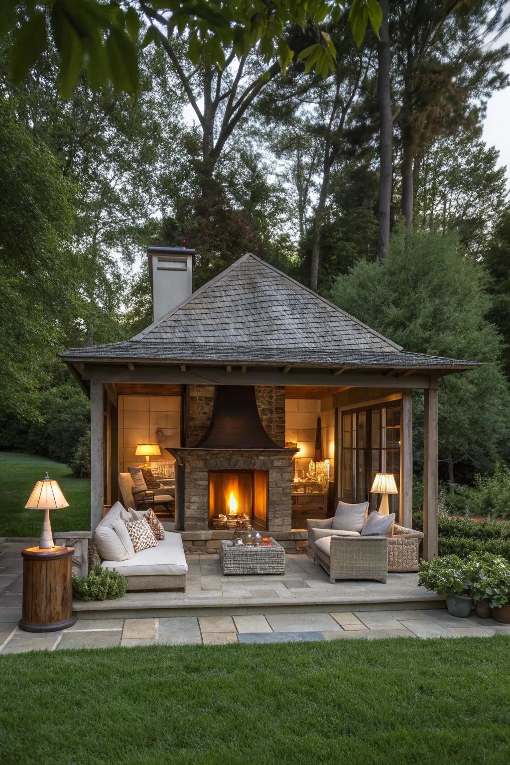 An outdoor fireplace invites warmth and conversation in this garden bungalow.