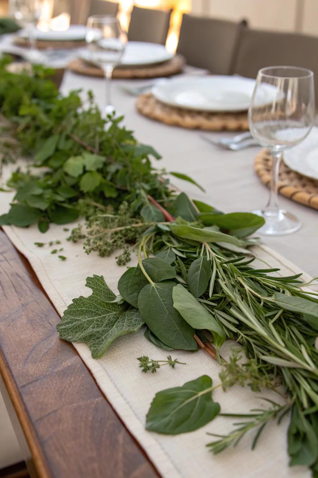A unique and natural table runner made of fresh leaves and herbs.