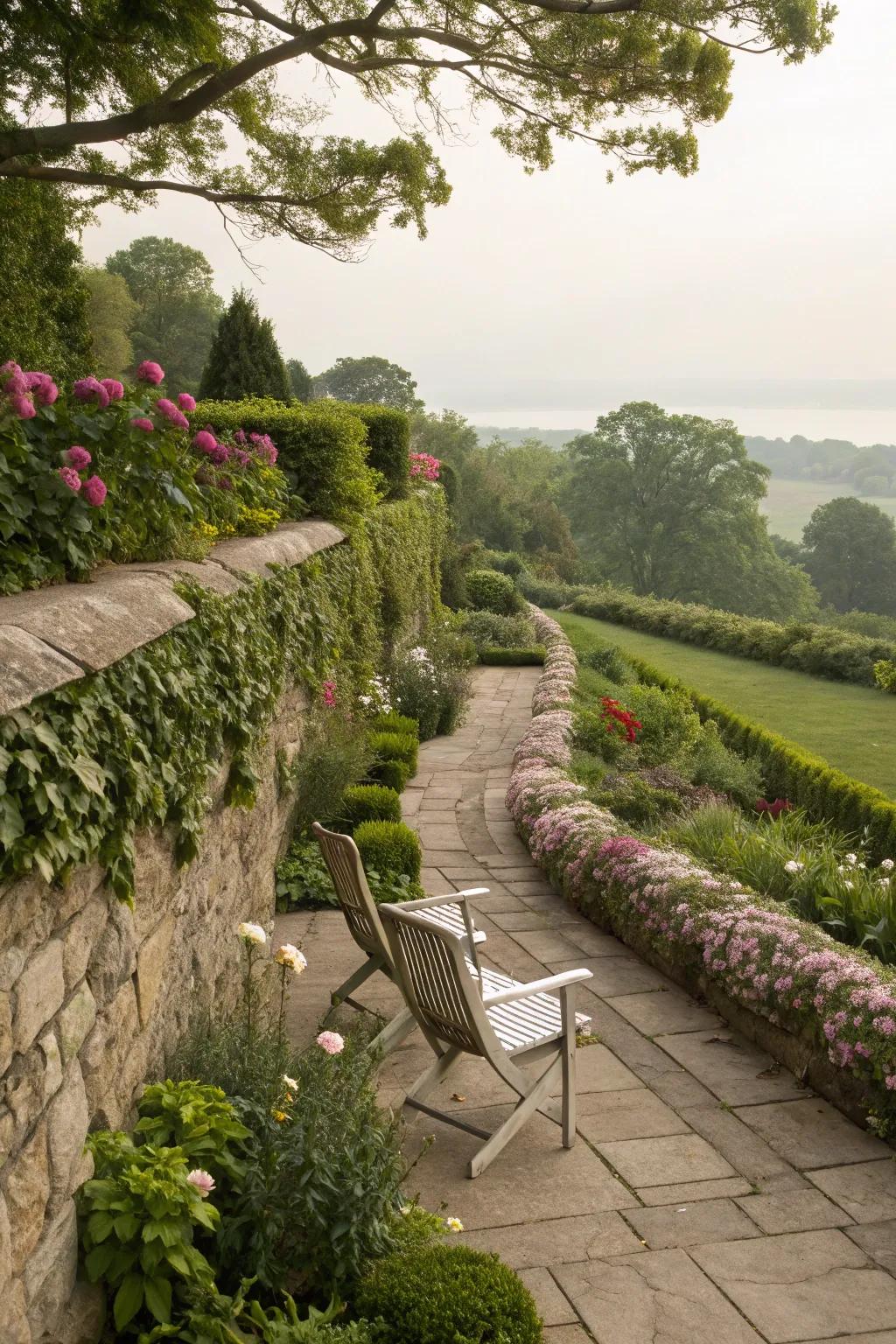 Low stone walls add elegance and functionality as garden dividers.