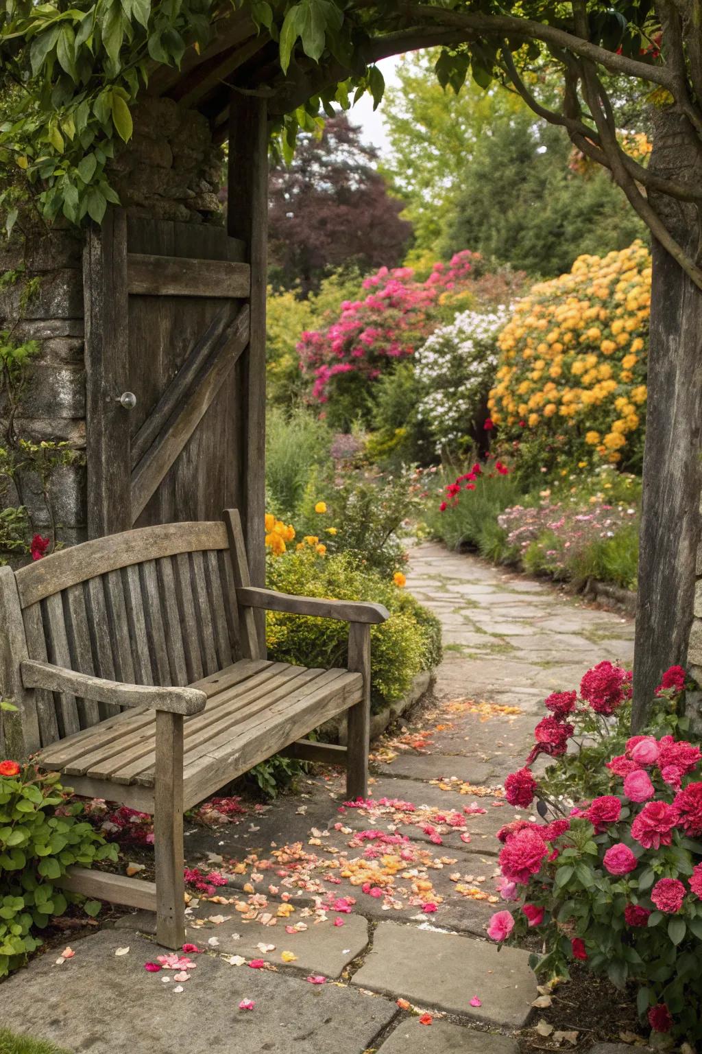 A rustic bench offers a cozy spot to relax at the garden entrance.