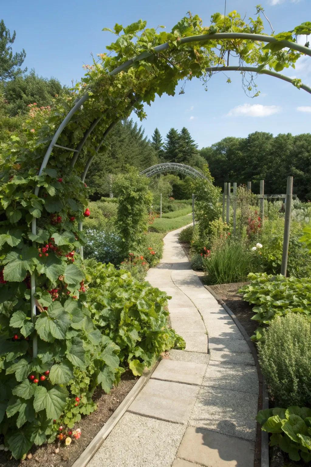 Edible plants along the path add a unique and tasty twist to the garden entrance.