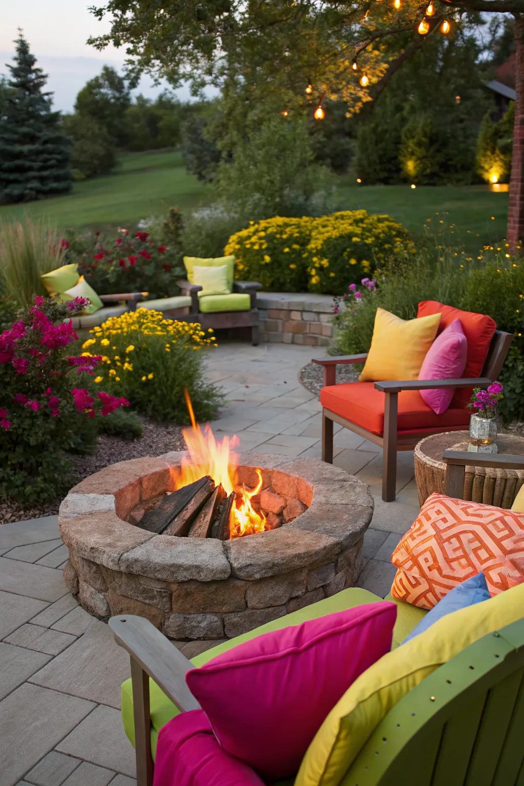 Colorful accents bring life and energy to the fire pit area.