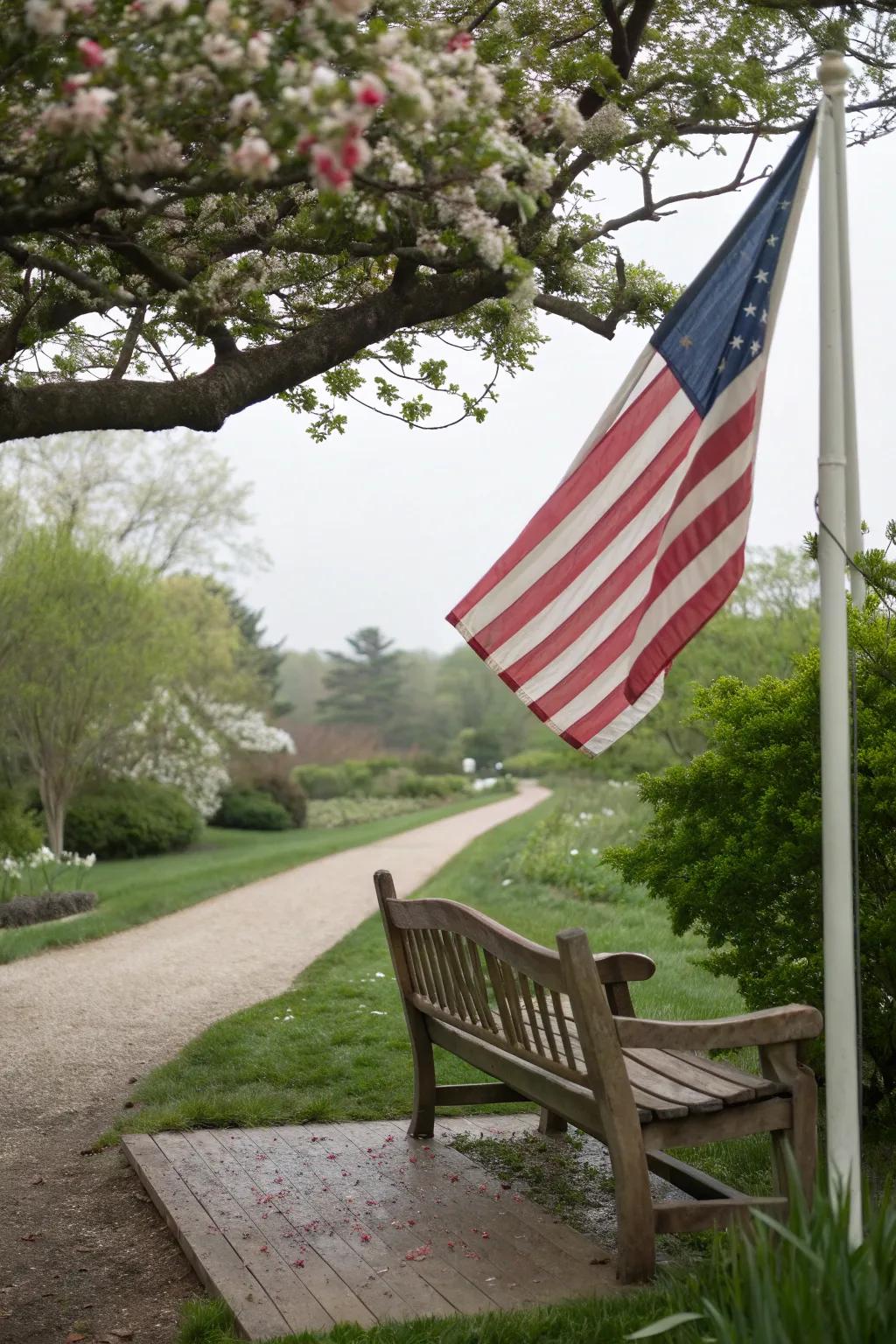 Flag enhancing a garden bench area