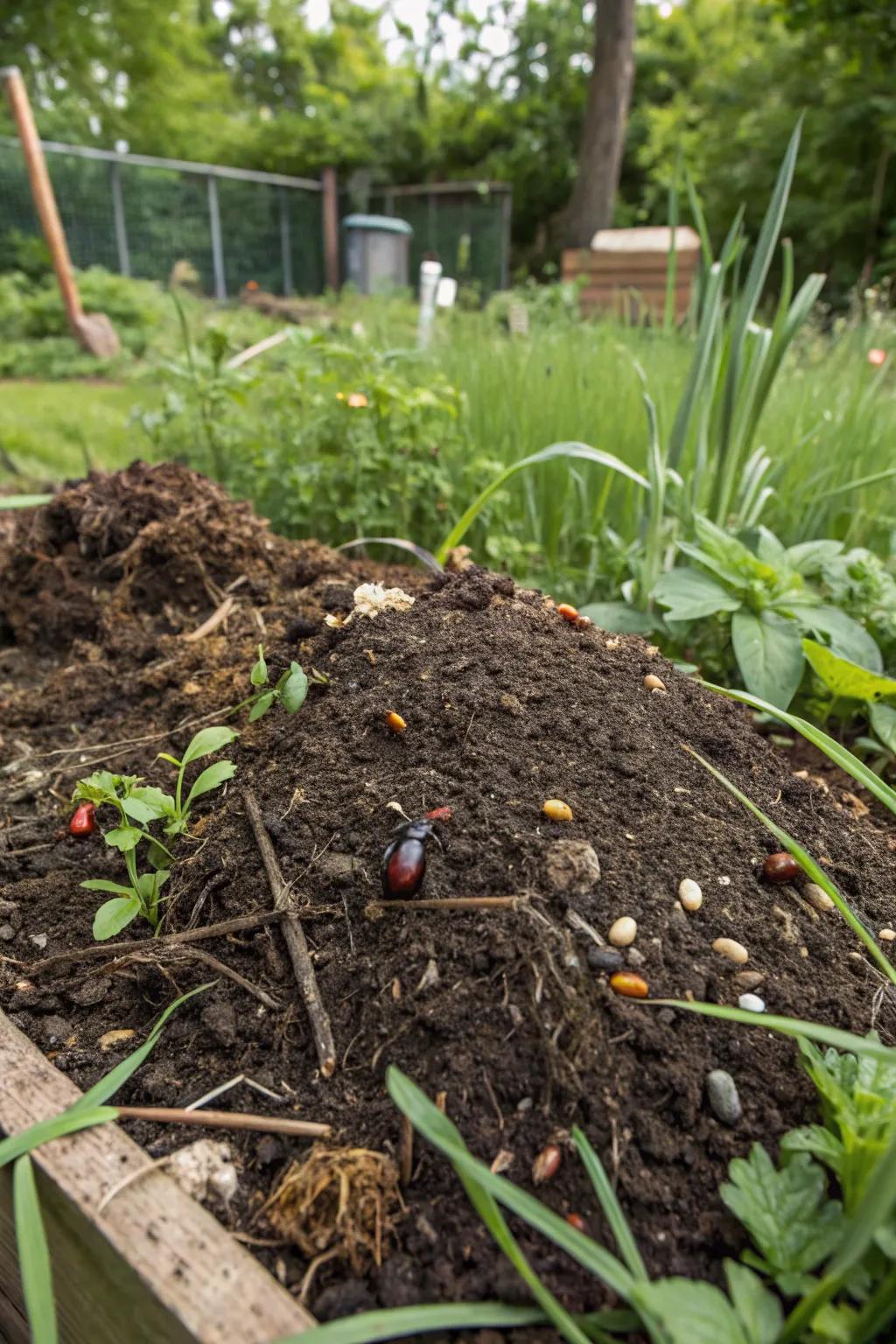 A compost area enriching the garden ecosystem.