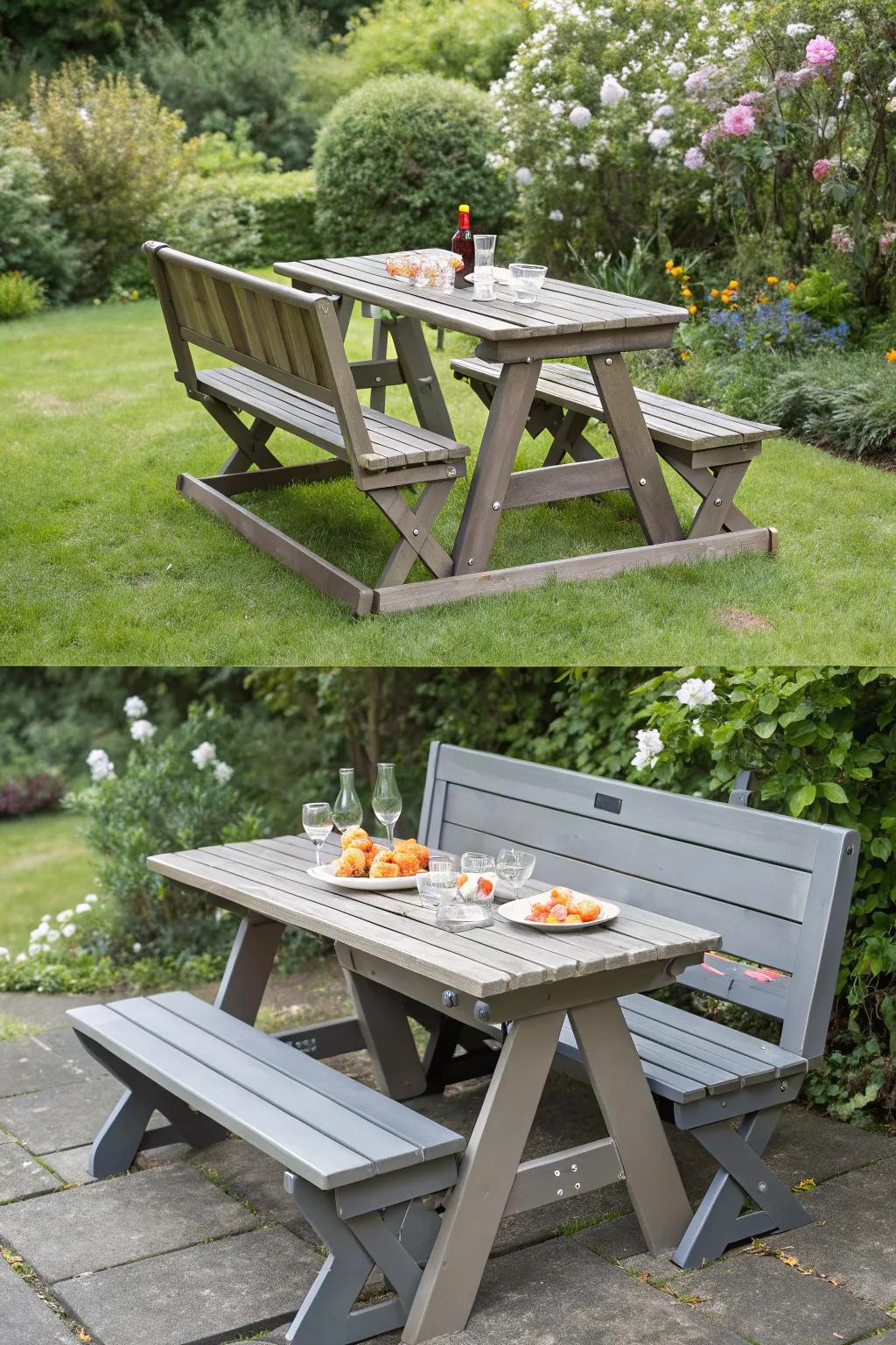 Maximize space with convertible garden furniture.