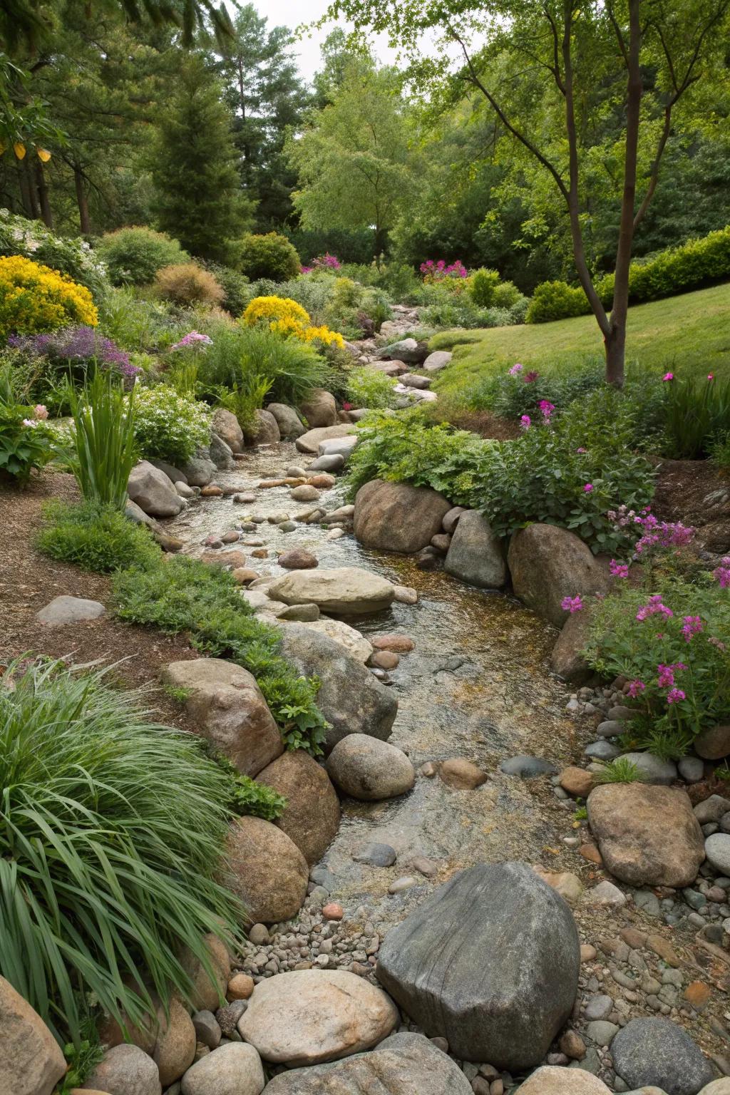 Dry streams add a natural touch to garden design.