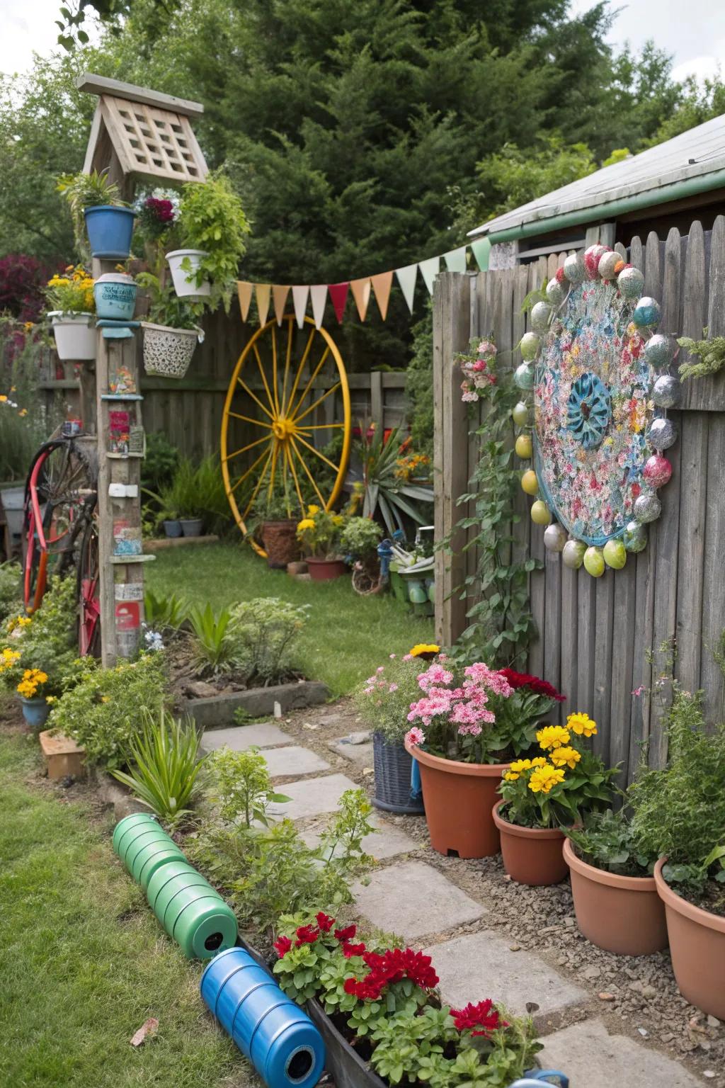 Recycled materials adding unique charm to the garden.