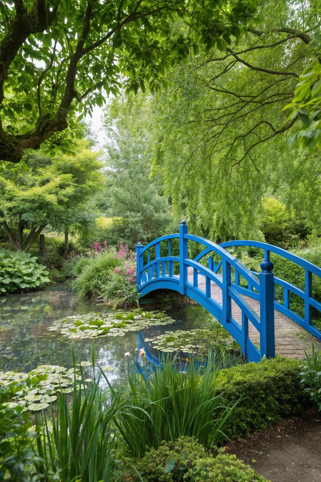 A colorful bridge adds a playful touch to the garden.
