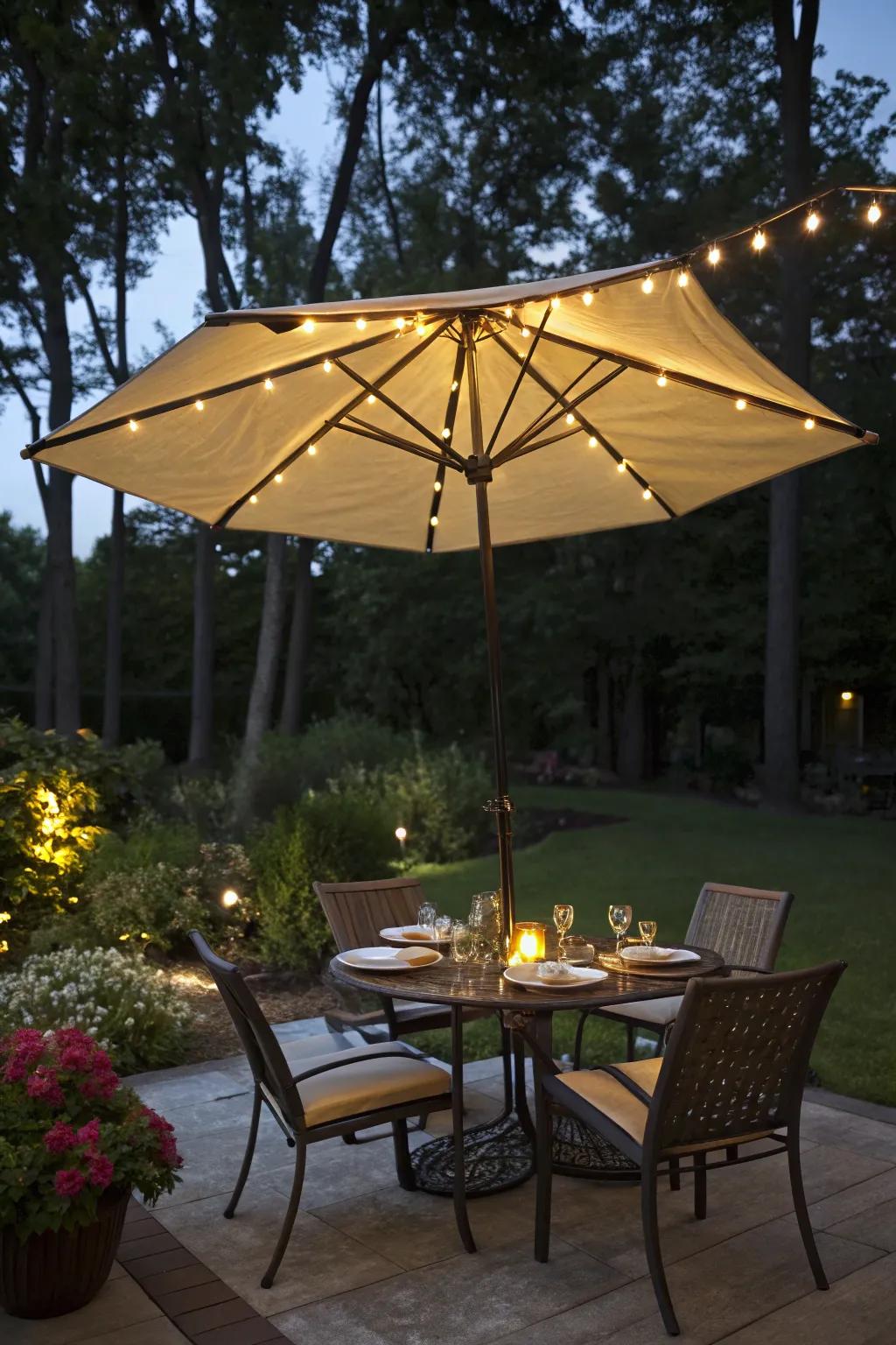 A dining area gently illuminated by a lighted patio umbrella.