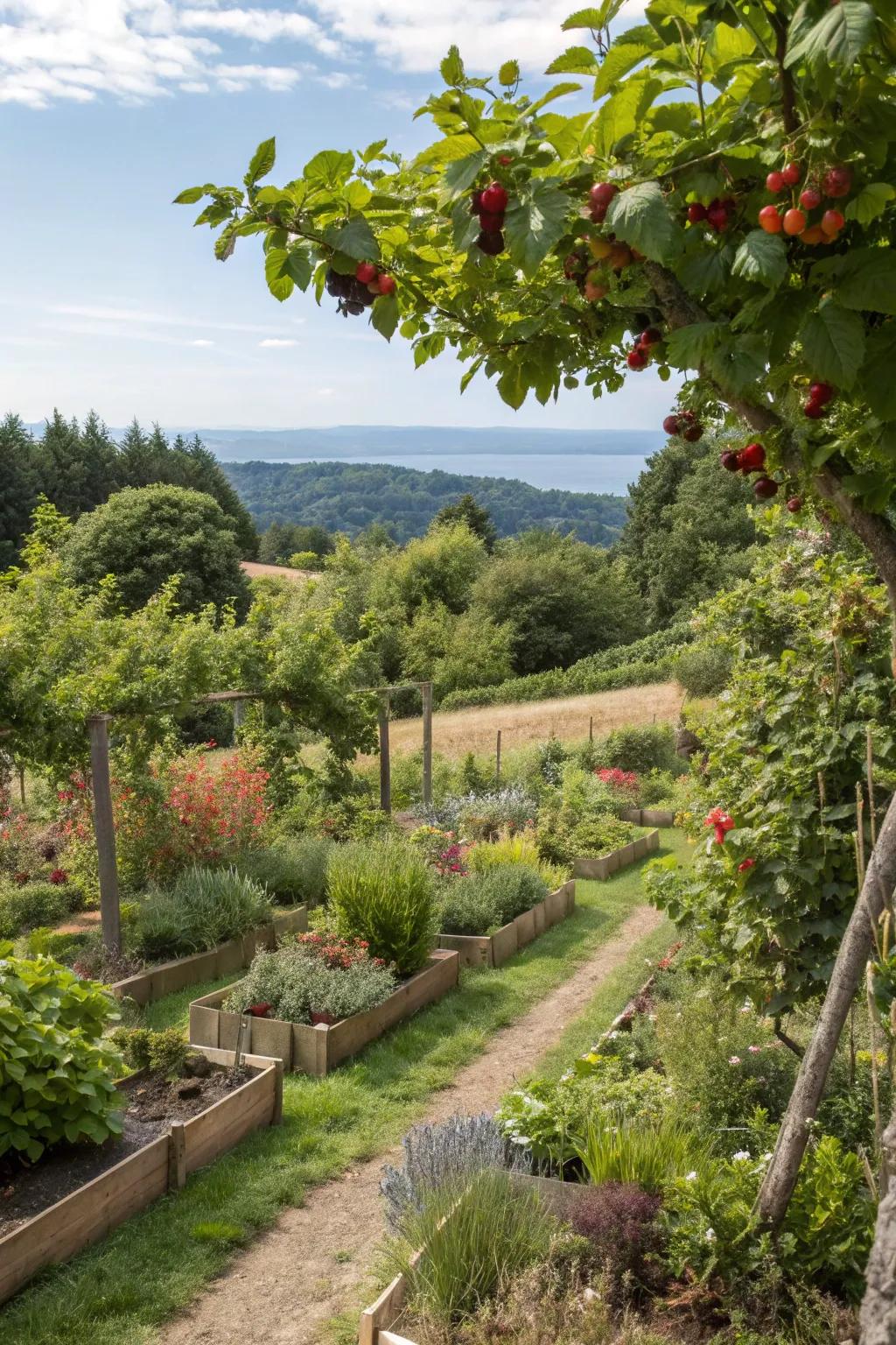 Edible plants transform a slope into a productive paradise.