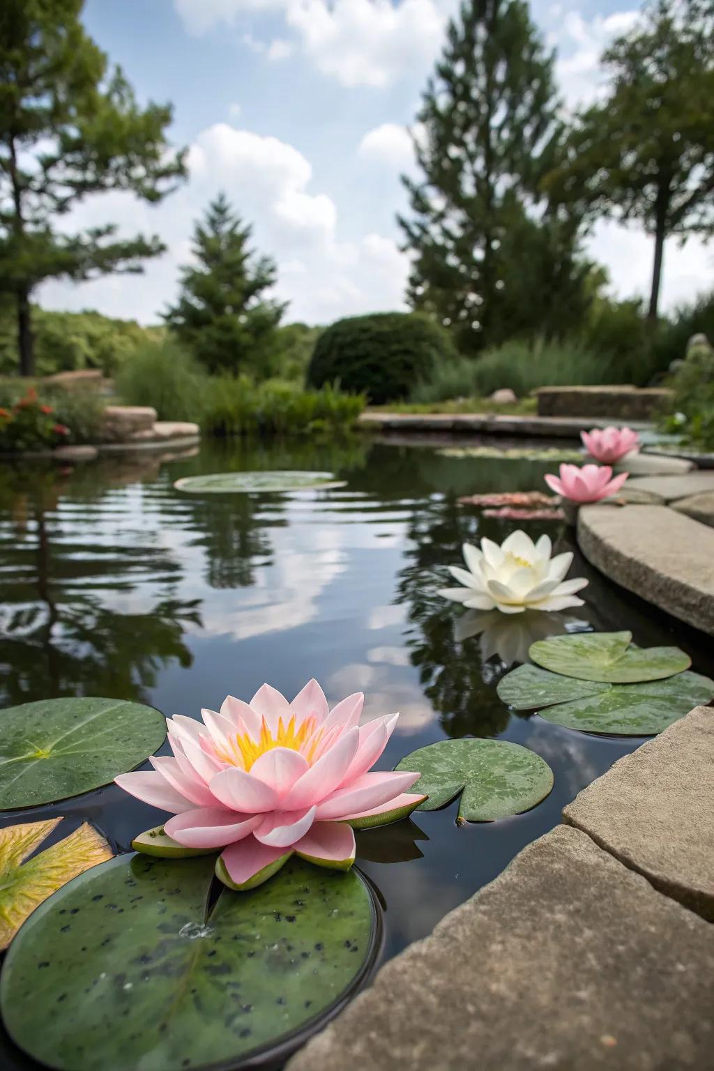 Create a serene water feature with floating water lilies.