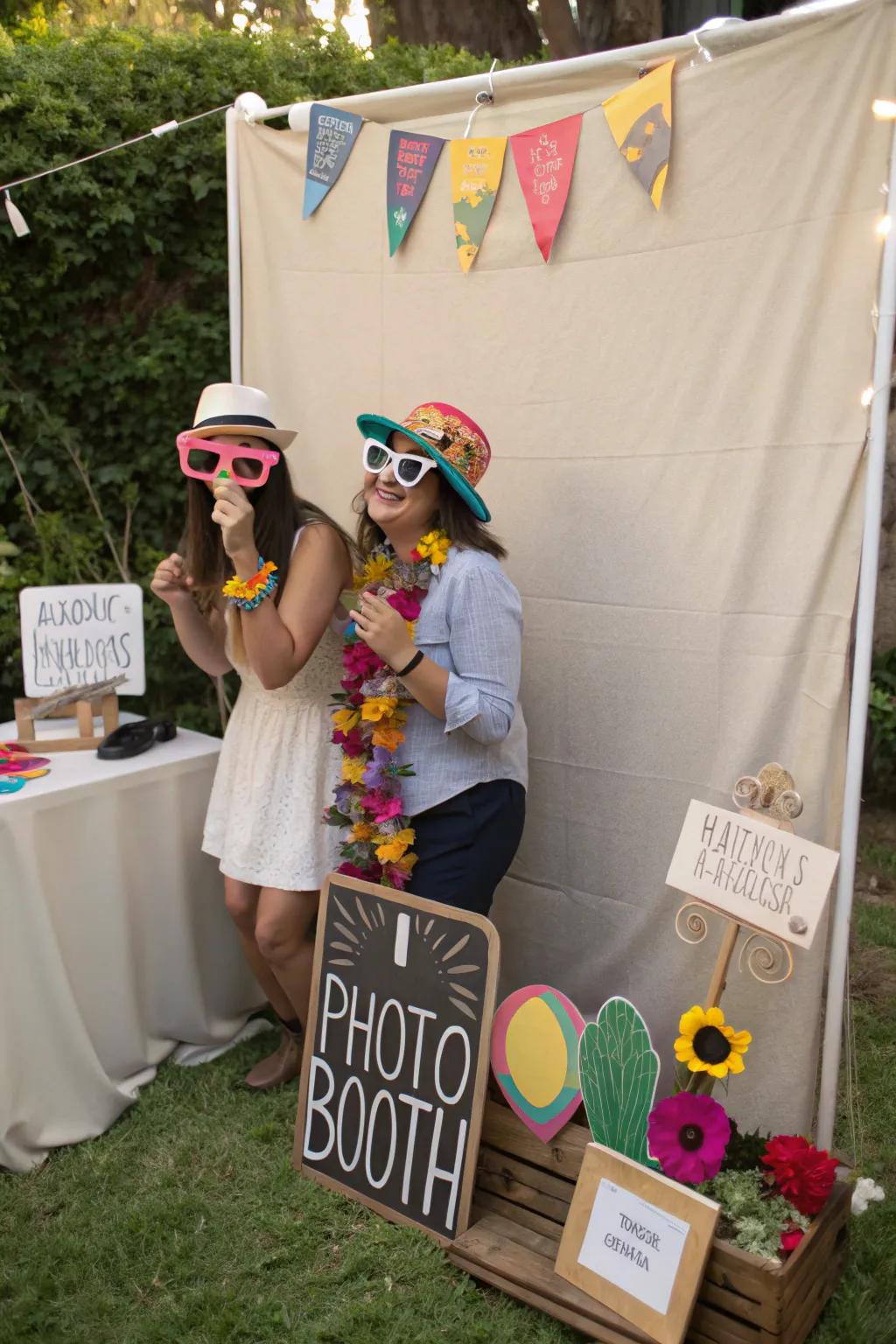 A DIY photo booth captures delightful memories at the garden party.