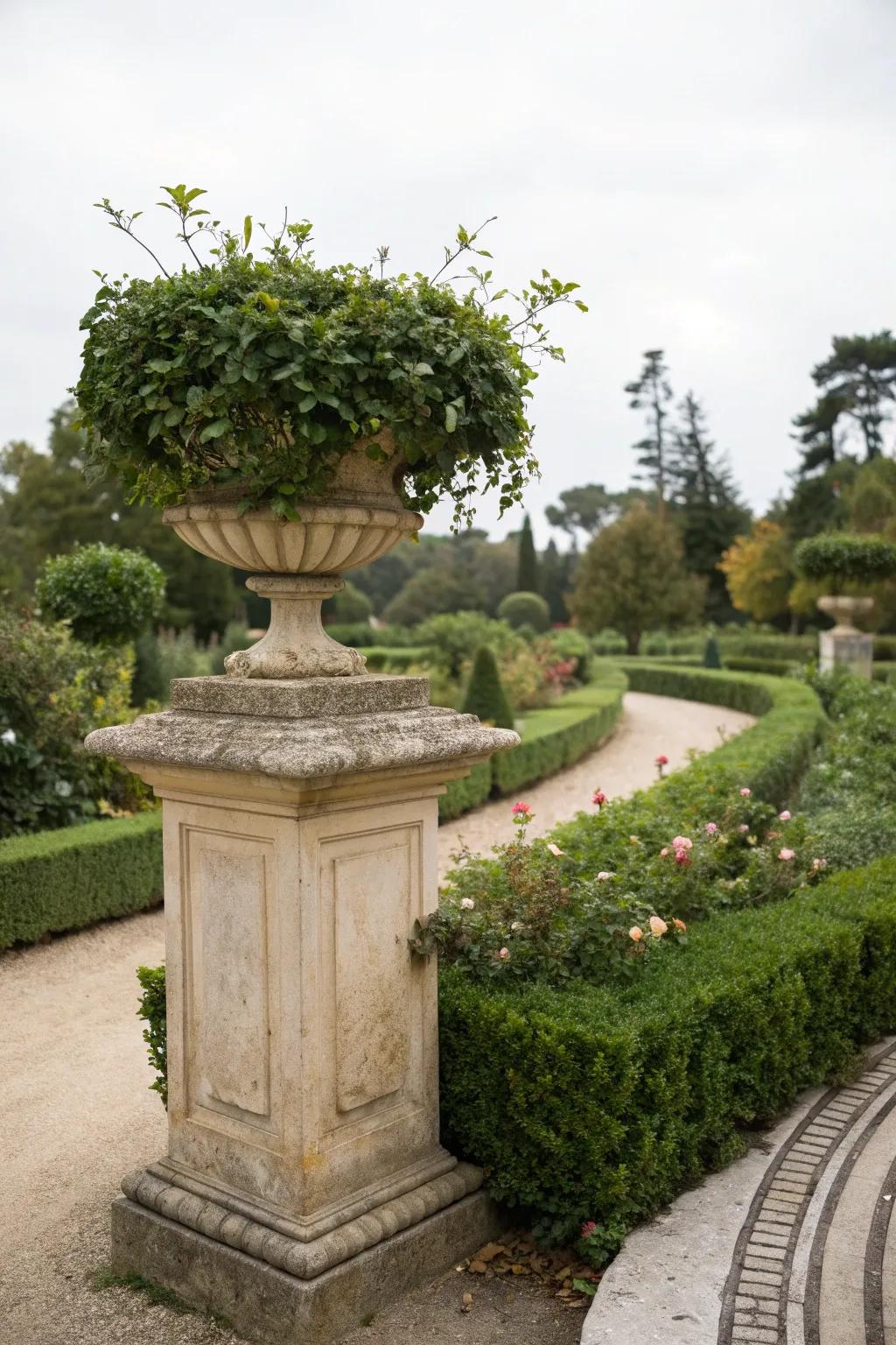Natural stone pedestals provide timeless elegance to gardens.