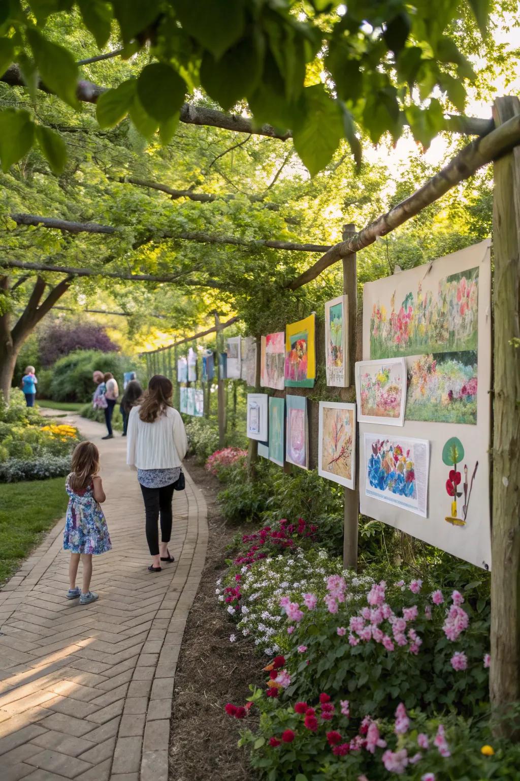 A garden art gallery showcasing children's artwork in a creative outdoor space.