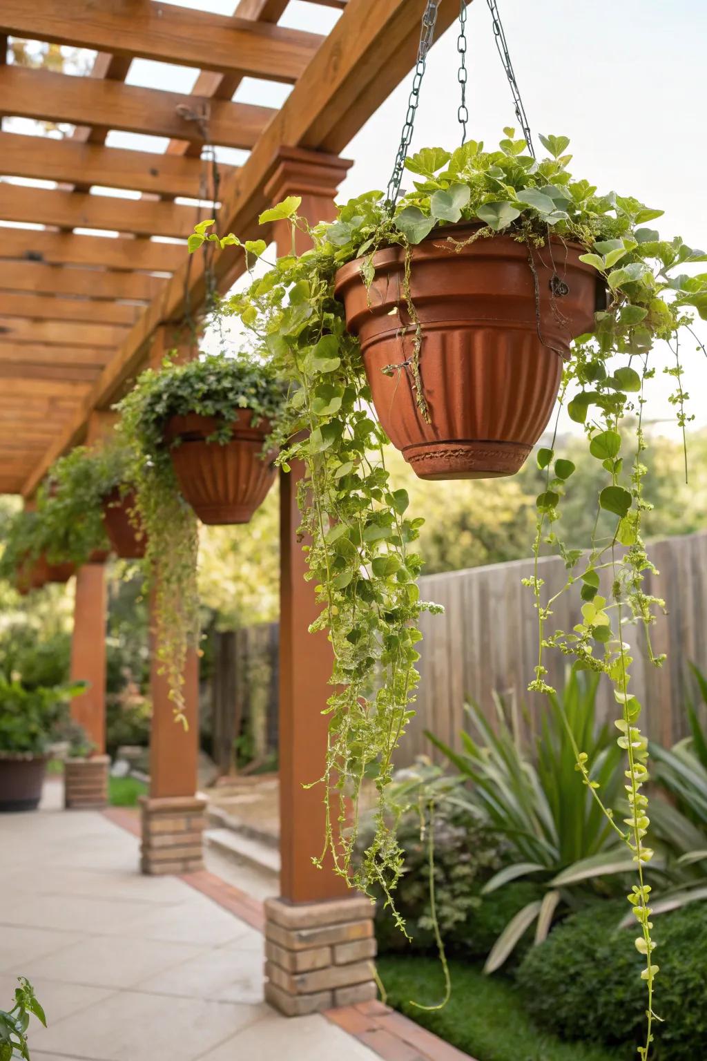 Hanging ceramic pots for a lush vertical garden look.