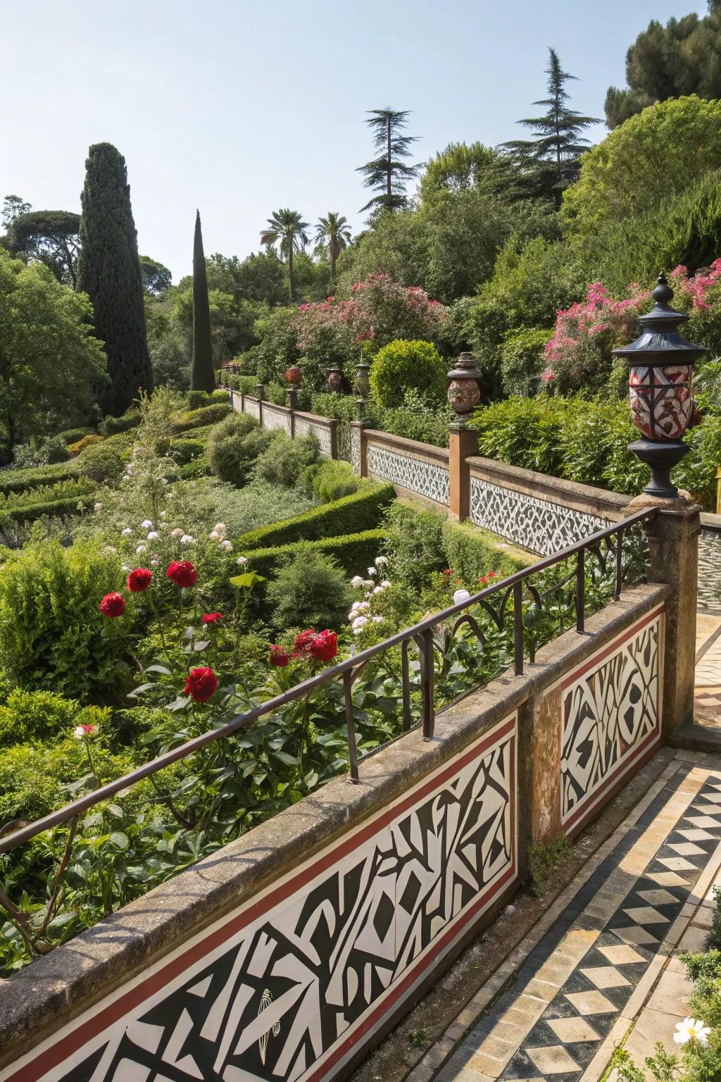 Geometric patterns in railings offer a modern and sophisticated garden aesthetic.