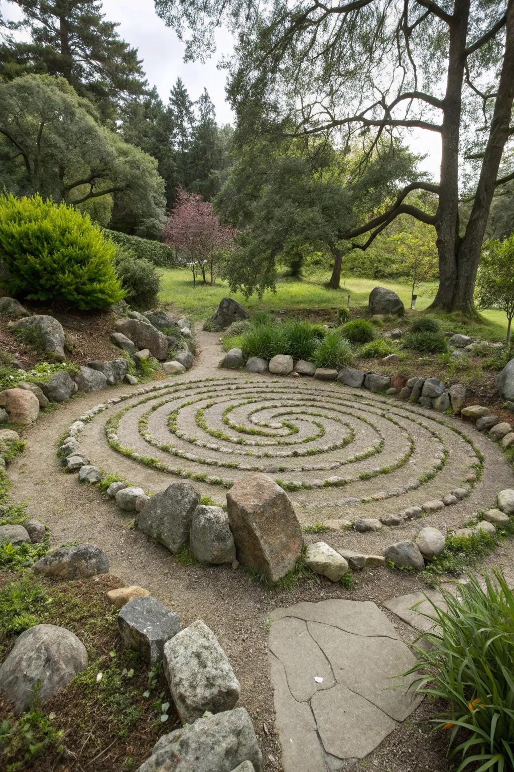 Spiral rock designs bring dynamic movement to garden spaces.
