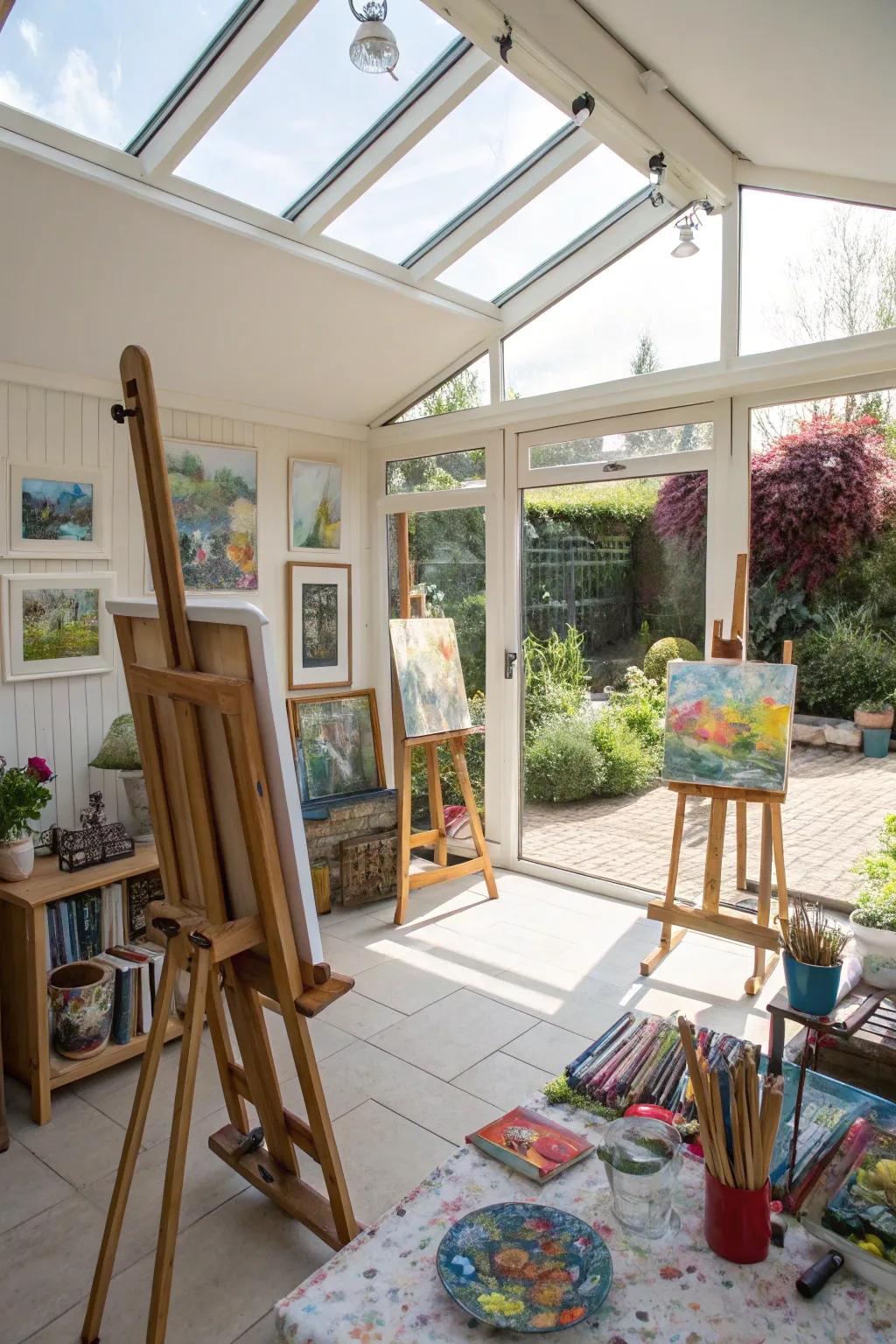 An inspiring art studio within a garden room.