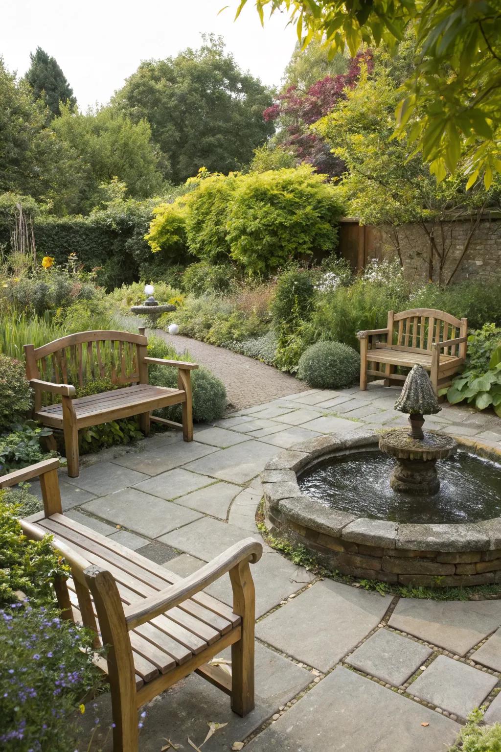 A serene garden seating area complemented by a water feature.