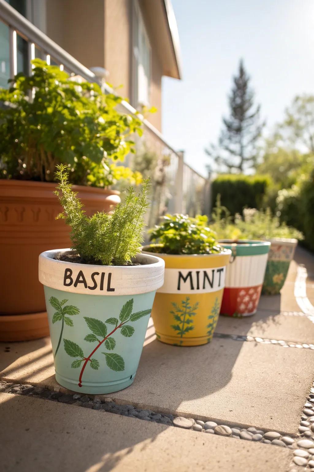 Painted pots double as decorative and functional garden signs.