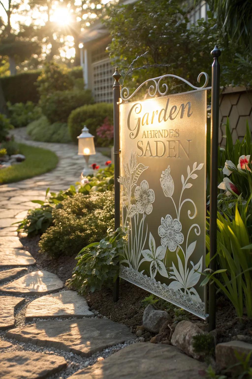 An elegant etched glass sign casting beautiful reflections in a garden.