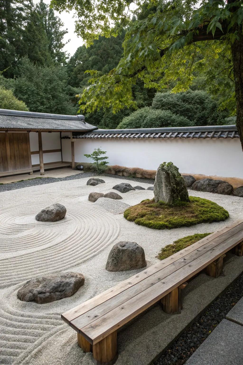 A Zen rock garden offers a peaceful retreat for contemplation.