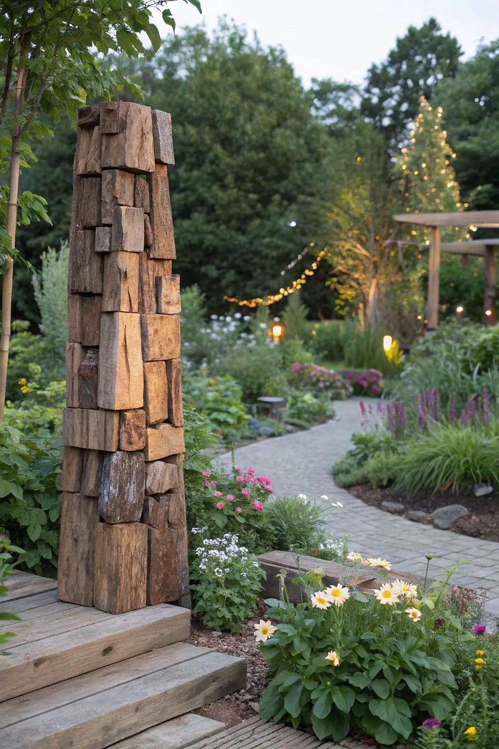 Artistic expression with sleepers as garden sculptures.