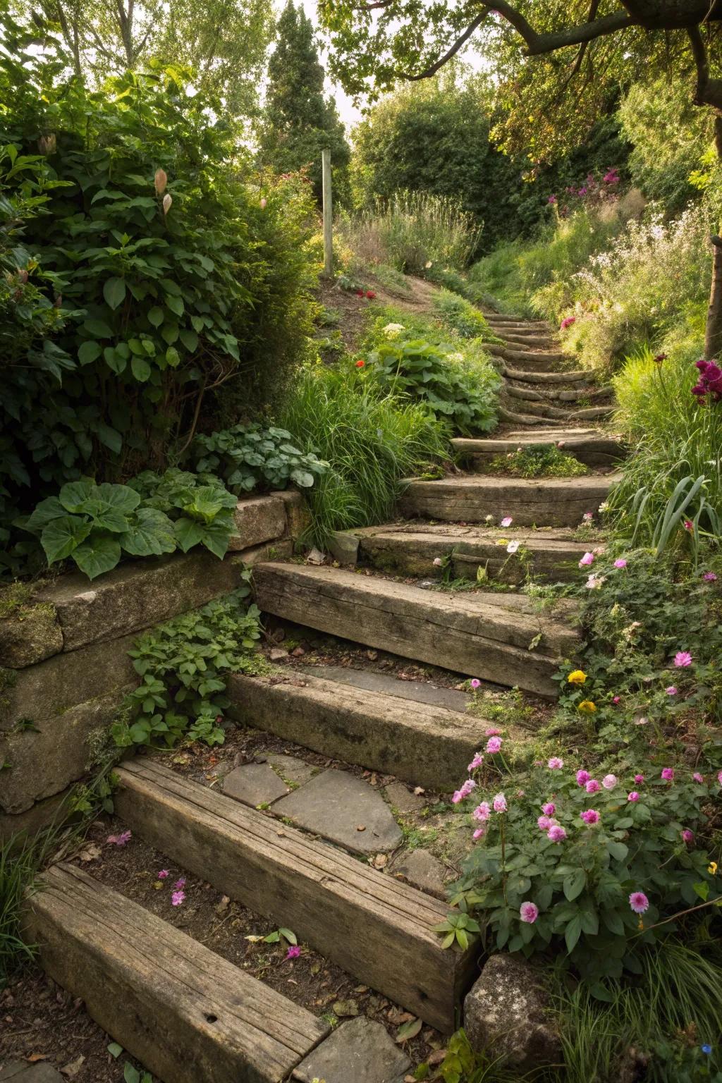Sturdy railway sleeper stairs adding historic charm.