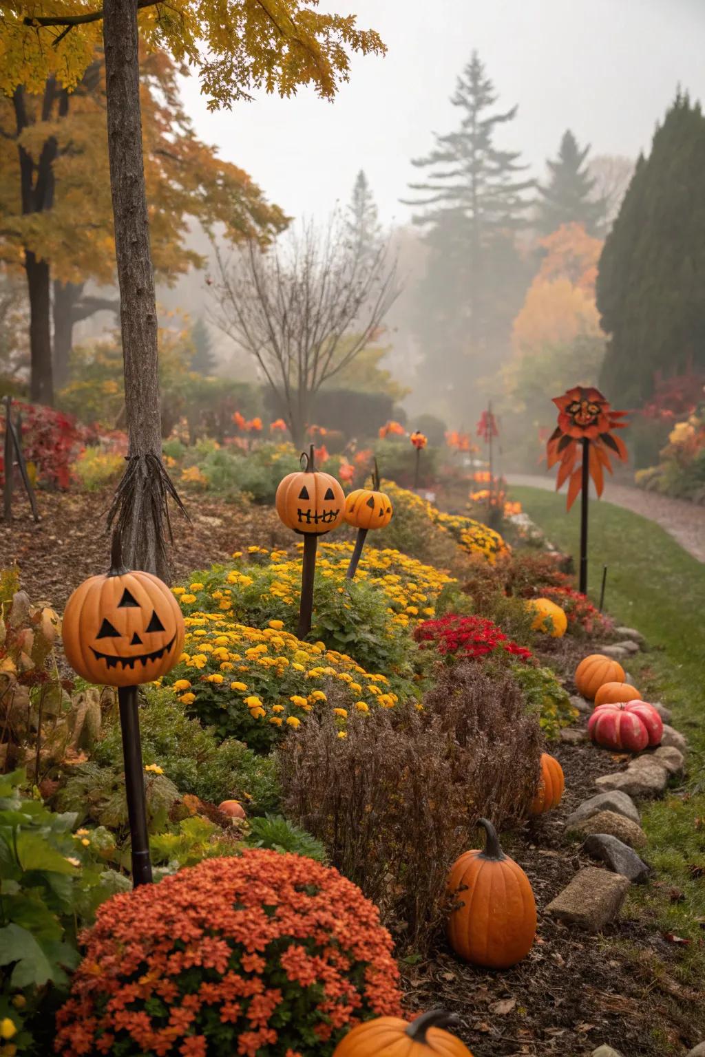Seasonal garden stakes bringing festive autumn flair to the garden.