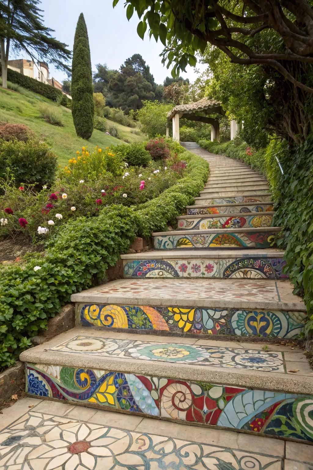 Mosaic tiles turn steps into art.