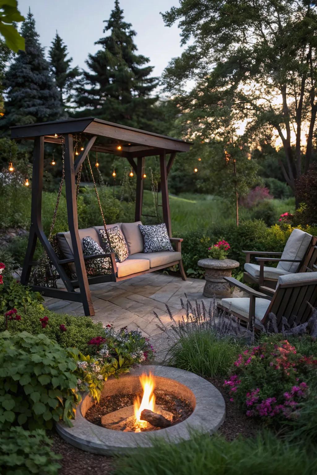 A swing paired with a fire pit creates a warm and inviting garden centerpiece.
