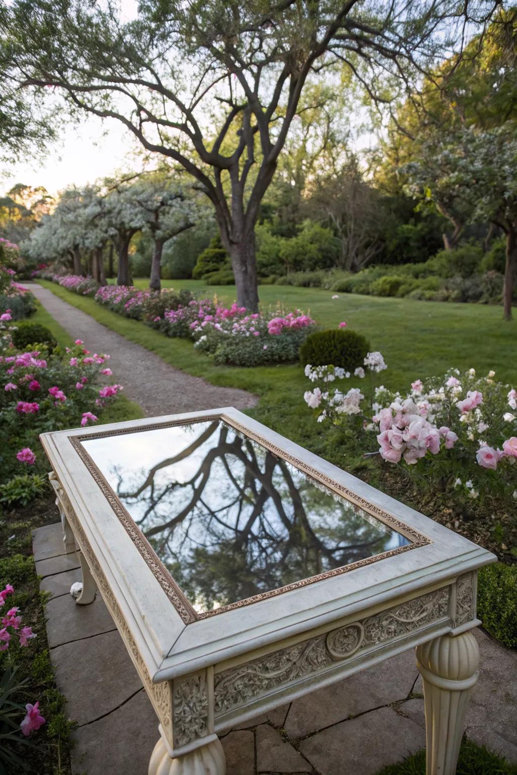 A mirror-top table that beautifully reflects the garden's lushness.