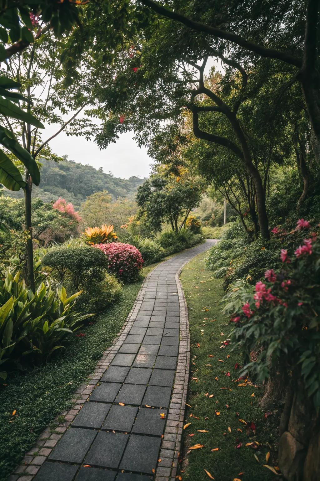 Dark tiles provide striking contrast in garden designs.