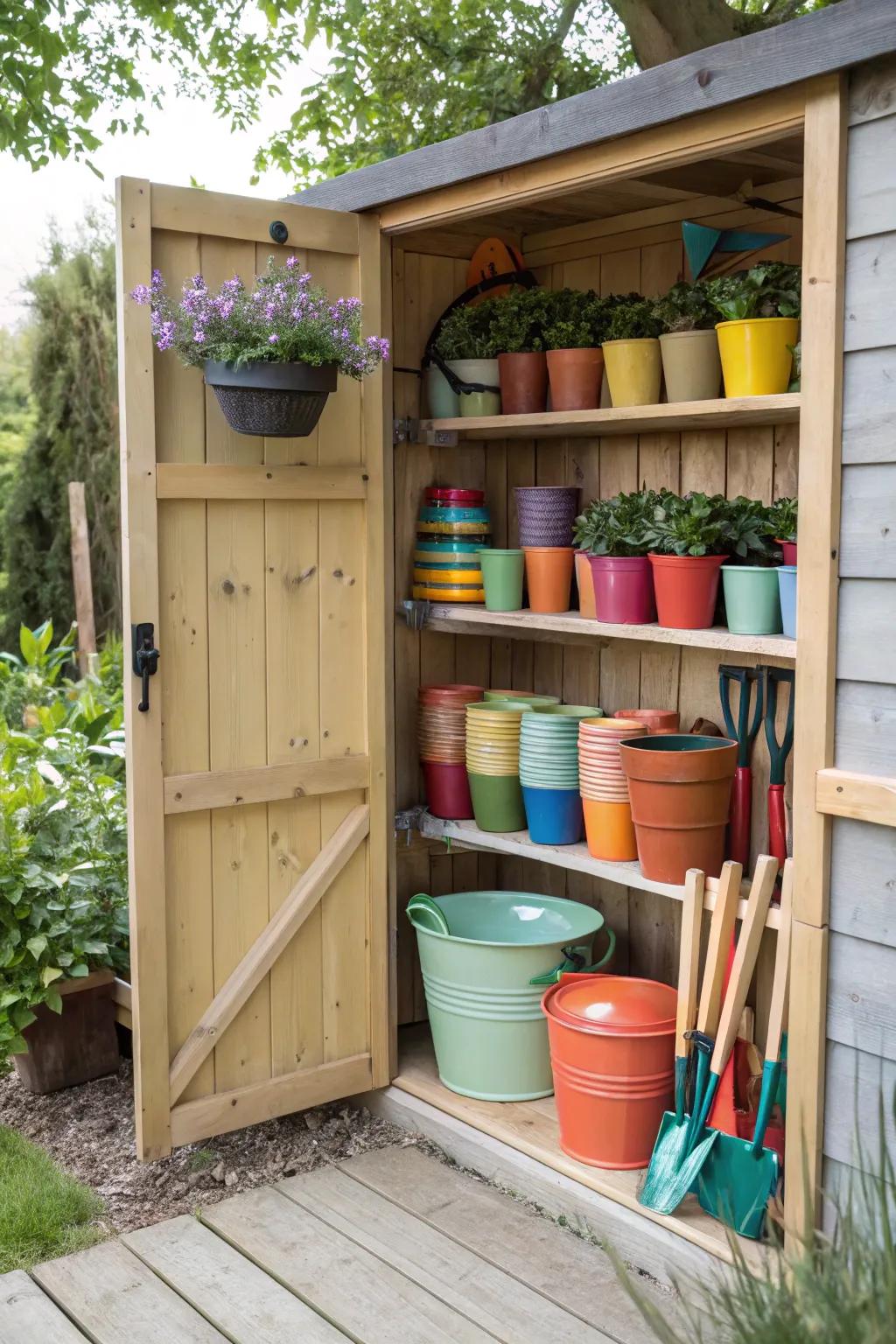 Open shelving for garden tools and pots.