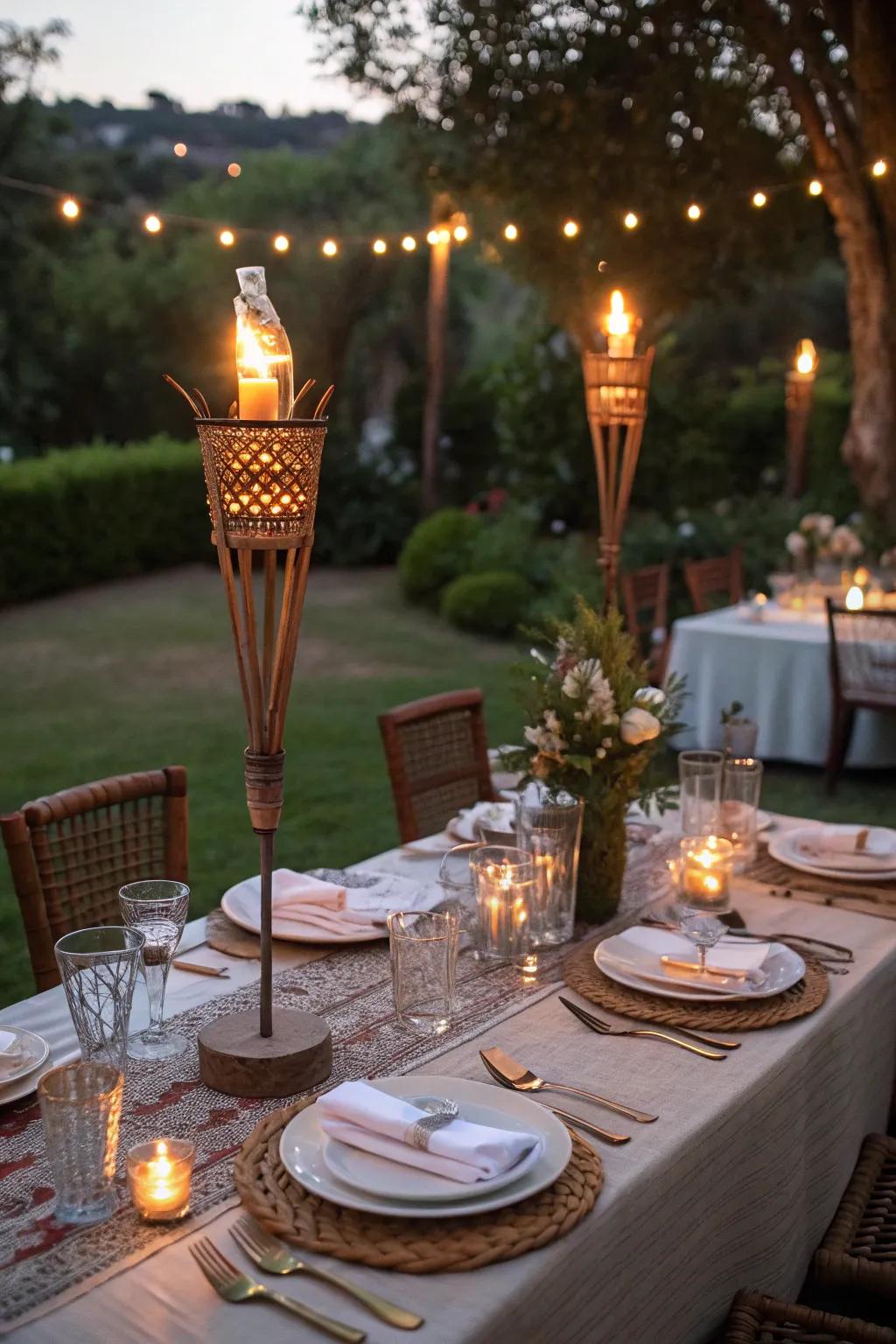 Tabletop torches illuminate evening meals with charm.