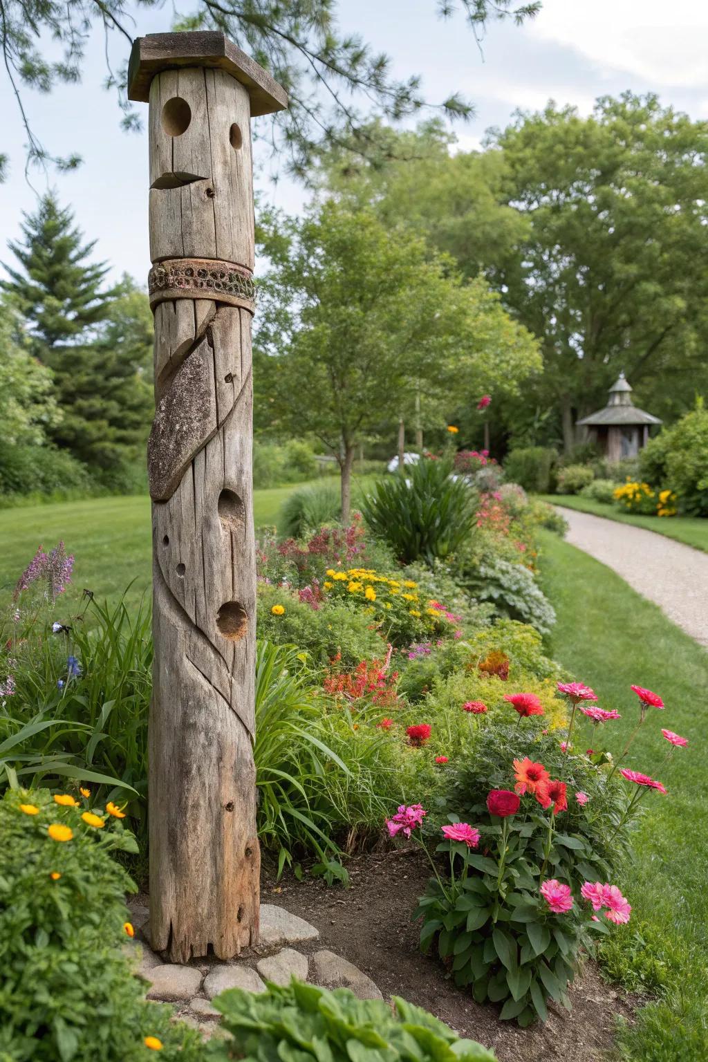 Eco-friendly totems from reclaimed wood offer rustic beauty and sustainability.