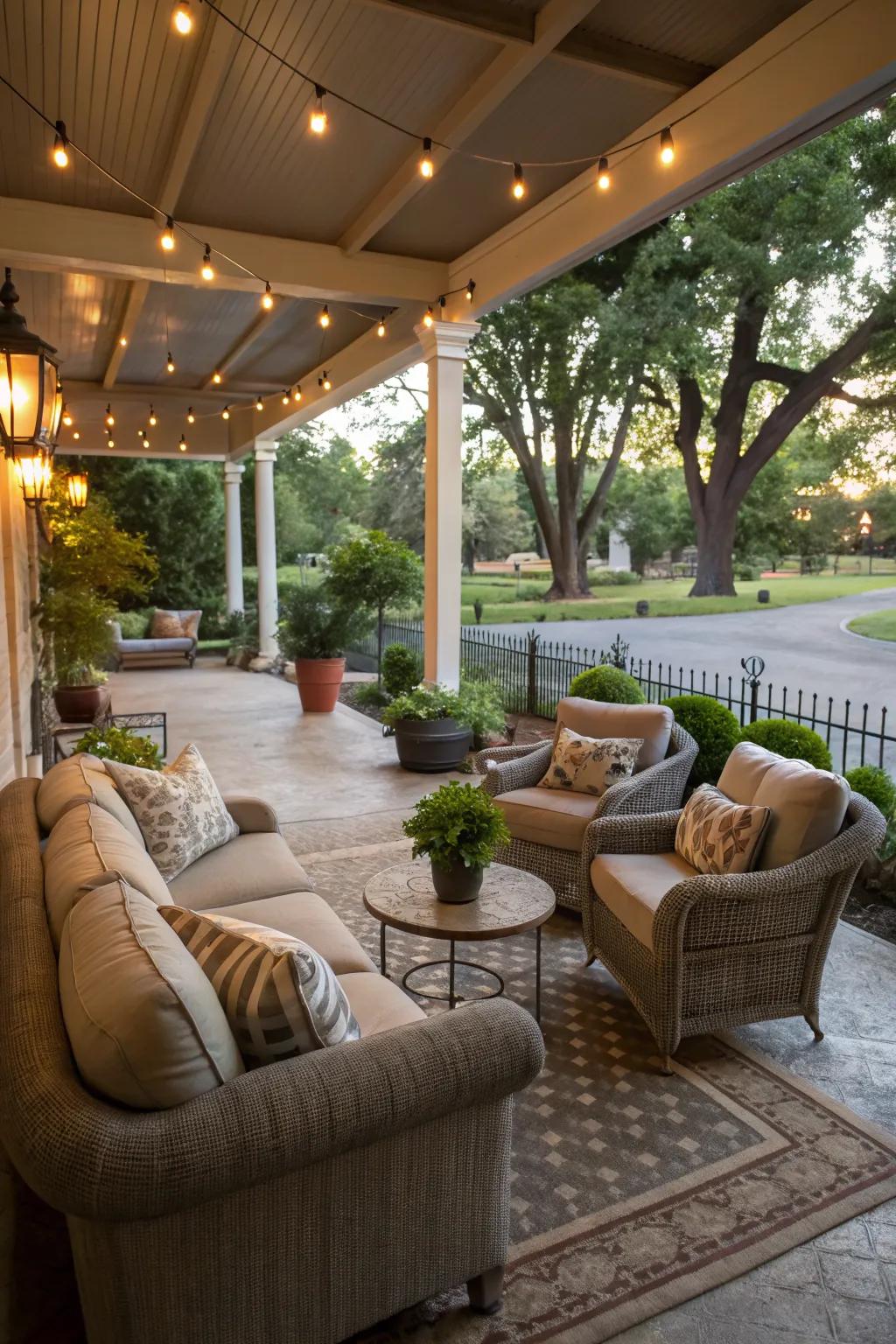 A cozy lounge area on a garden veranda, ideal for relaxation.