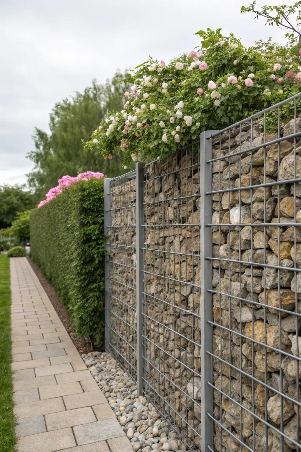 Gabion walls add texture and a robust look to garden spaces.
